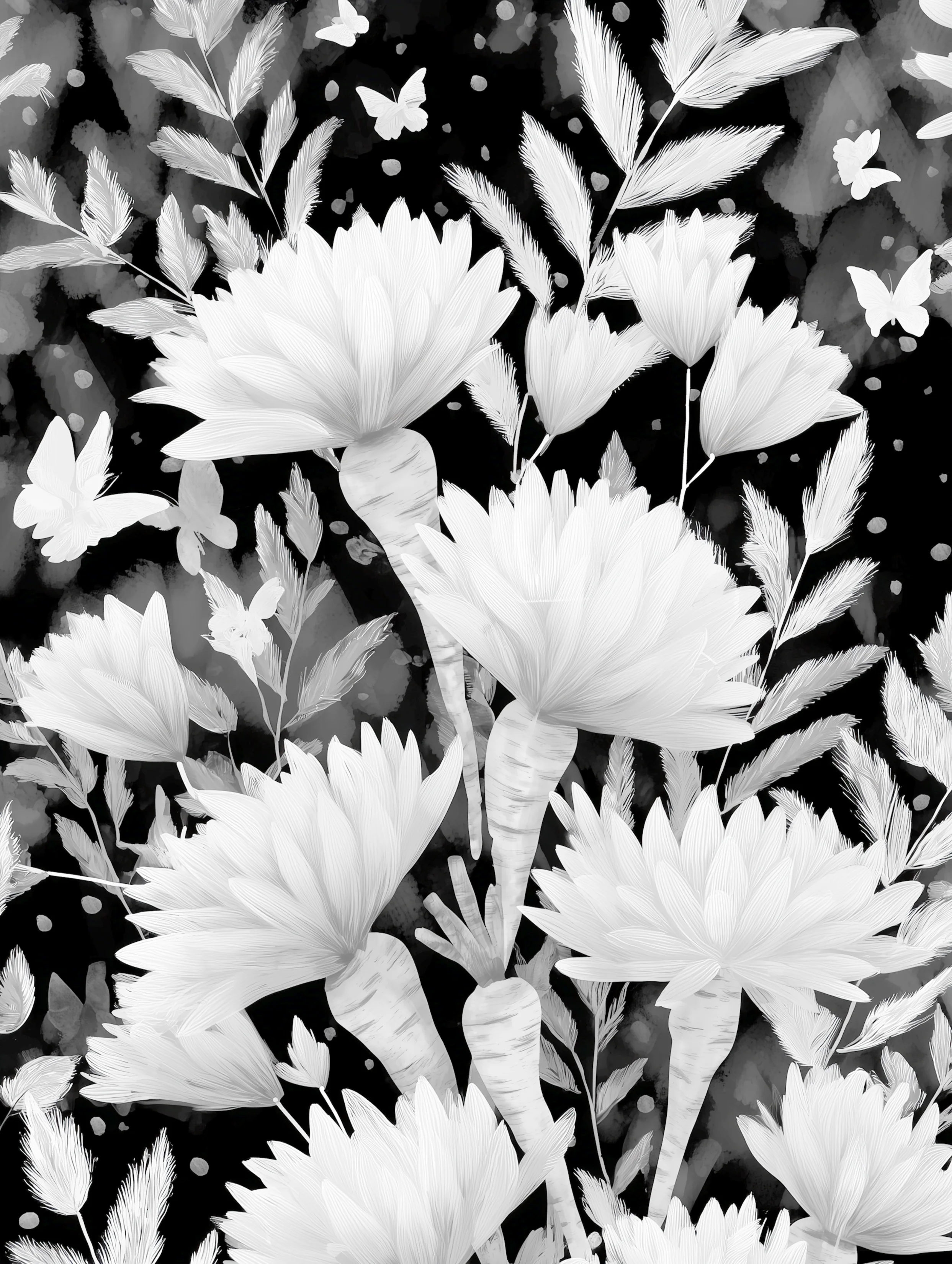 Free printable carrot coloring page for adults featuring feathery tops carrots